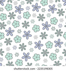 Exquisite ditsy floral seamless surface pattern design. Aesthetic bunch of blooming scandi flowers. Allover printed flowery texture with white background. Dainty tileable floral arrangement. 