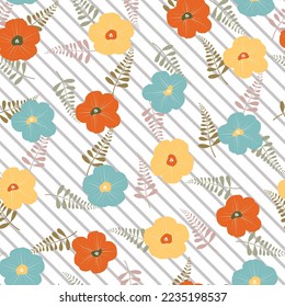 Exquisite ditsy floral seamless surface pattern. Aesthetic bunch of scandi wildflowers and diagonal stripes. Allover print flowery texture. Dainty tileable floral arrangement. Composite overlay.