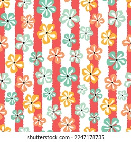 Exquisite ditsy floral seamless surface pattern. Aesthetic bunch of scandi wildflowers and vertical stripes. Allover print flowery texture. Dainty tileable floral arrangement. Composite overlay.