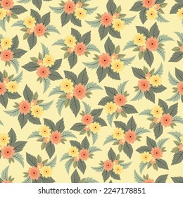 Exquisite ditsy floral seamless surface pattern design. Aesthetic bunch of blooming scandi wildflower bouquet. Allover print flowery texture with green background. Dainty tileable floral arrangement. 