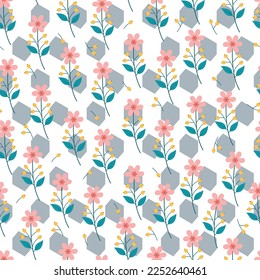 Exquisite ditsy floral seamless surface pattern. Aesthetic bunch of scandi wildflowers and geometric shapes. Allover print flowery texture. Dainty tileable floral arrangement. Composite overlay.