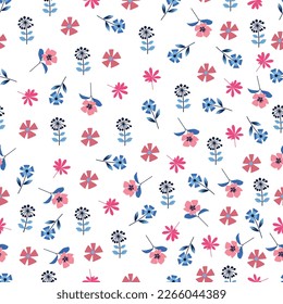 Exquisite ditsy floral seamless surface pattern design. Aesthetic bunch of blooming scandi flowers. Allover printed flowery textured background. Dainty tileable floral arrangement. 