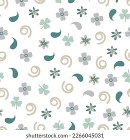 Exquisite ditsy floral seamless surface pattern design. Aesthetic bunch of blooming scandi flowers. Allover printed flowery texture with white background. Dainty tileable floral arrangement. 