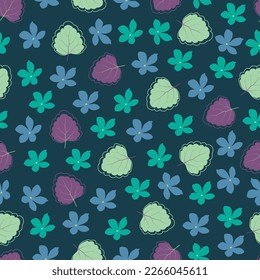 Exquisite ditsy floral seamless surface pattern design. Aesthetic bunch of blooming scandi wildflowers. Allover printed flowery texture with blue background. Dainty tileable floral arrangement. 