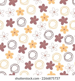 Exquisite ditsy floral seamless surface pattern. Aesthetic bunch of frangipani flowers and circular shapes. Allover flowery textured background. Dainty tileable floral arrangement.