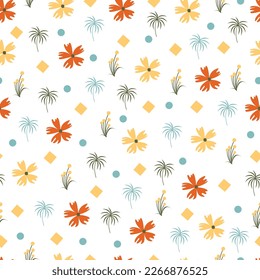 Exquisite ditsy floral seamless surface pattern design. Aesthetic bunch of scandi flowers, polkadots and squares. Allover geometric textured background. Dainty tileable multicolour floral arrangement.