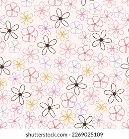 Exquisite ditsy floral seamless surface pattern design. Aesthetic bunch of blooming flowers outlines. Allover print flowery texture with white background. Dainty tileable floral arrangement. 