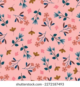 Exquisite ditsy floral seamless surface pattern design. Aesthetic bunch of blooming scandi flowers and lush foliage. Allover printed flowery textured background. Dainty tileable floral arrangement.  svg