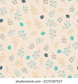 Exquisite ditsy floral seamless surface pattern design. Aesthetic bunch of blooming wildflowers and leaves. Allover printed textured background. Dainty tileable multicolour floral arrangement