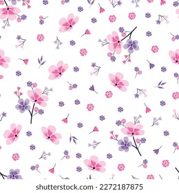 Exquisite ditsy floral seamless surface pattern design. Aesthetic bunch of blooming scandi flowers. Allover printed flowery texture with white background. Dainty tileable floral arrangement. 