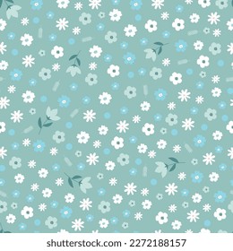 Exquisite ditsy floral seamless surface pattern design. Aesthetic bunch of scandi flowers, polkadots and leaves. Allover geometric textured background. Dainty tileable multicolour floral arrangement.