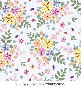 Exquisite ditsy floral seamless surface pattern design. Aesthetic bunch of blooming scandi wildflower bouquets. Allover print flowery textured background. Dainty tileable floral arrangement. 