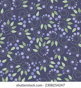 Exquisite ditsy floral seamless surface pattern design. Aesthetic bunch of leaves, polka dots and swirls. Allover flourish textured background. Dainty tileable multicolour squiggle arrangement.