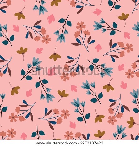 Exquisite ditsy floral seamless surface pattern design. Aesthetic bunch of blooming scandi flowers and lush foliage. Allover printed flowery textured background. Dainty tileable floral arrangement. 