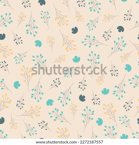 Exquisite ditsy floral seamless surface pattern design. Aesthetic bunch of blooming wildflowers and leaves. Allover printed textured background. Dainty tileable multicolour floral arrangement Stockfoto © 