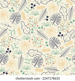 Exquisite ditsy foliage seamless surface pattern of aesthetic monstera leaves outlines and berries. Allover printed foliage repeating texture. Dainty floral overall design background.