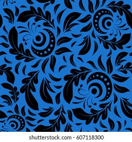 Exquisite doodle pattern in blue and black colors. Vector damask seamless pattern. Classical luxury old fashioned damask ornament, royal victorian seamless texture for wallpapers, textile, wrapping.