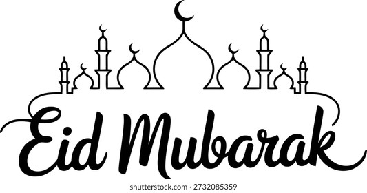 Uma requintada saudação caligráfica do Eid Mubarak, com um contorno estilizado de mesquita com cúpulas alongadas e minaretes finos.