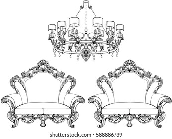 Exquisite Fabulous Imperial Baroque armchair engraved. Vector French Luxury rich intricate ornamented structure. Victorian Royal Style decor