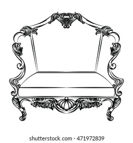 Exquisite Fabulous Imperial Baroque chair. Vector French Luxury rich intricate ornamented structure. Victorian Royal Style decor