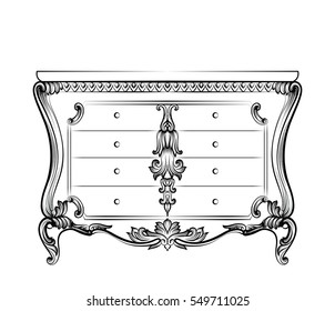 Exquisite Fabulous Imperial Baroque chest table with drawers. Vector French Luxury rich intricate ornamented structure. Victorian Royal Style decor