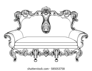 Exquisite Fabulous Imperial Baroque couch engraved. Vector French Luxury rich intricate ornamented structure. Victorian Royal Style decor