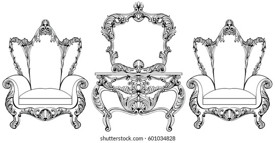 Exquisite Fabulous Imperial Baroque furniture and dressing table set engraved. Vector French Luxury rich intricate ornamented structure. Victorian Royal Style decor