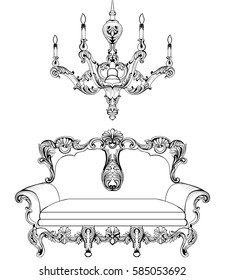 Exquisite Fabulous Imperial Baroque sofa and chandelier engraved. Vector French Luxury rich intricate ornamented structure. Victorian Royal Style decor