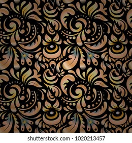 Exquisite floral baroque template. Vector damask seamless pattern element in black, beige and orange colors. Classical luxury damask ornament, royal victorian seamless texture for textile, wrapping.