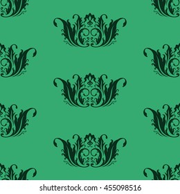 Exquisite floral baroque template. Wallpaper in the style of Baroque, damask. Brown abstract ornament on green background. A seamless pattern. Classical luxury old fashioned damask ornament