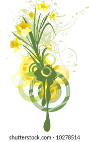 Exquisite floral design with a bunch of daffodils and grunge details, vector illustration series.