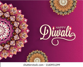 Exquisite floral design on fuschia background with stylish text Happy Diwali. Can be used as greeting card design.