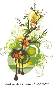 Exquisites Blumendesign mit einem Baum und Grunge Details, Vektorgrafik-Serie.