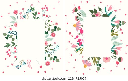 Exquisite floral frames with flowers, leaves, and heart. Botanical vector art for invitations, posters, and greeting cards. . Vector illustration