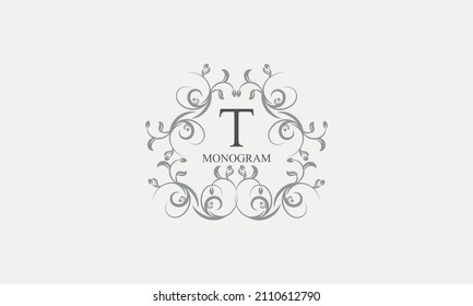 Exquisite floral logo with elegant letter T. Business sign, identity monogram for restaurant, boutique, hotel, heraldic, jewelry