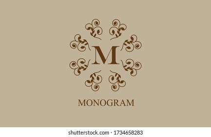 Exquisite floral monogram with the letter M for postcards, invitations, menus, labels. Graphic page design, logo, boutique, cafe, hotel.