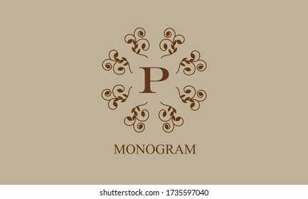 Exquisito monograma floral con la letra P para postales, invitaciones, menús, etiquetas. Diseño gráfico de páginas, logotipo, boutique, café, hotel.