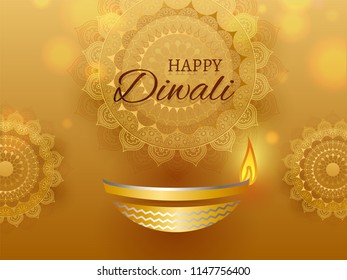 Exquisite floral pattern decorated on shiny golden background with illuminated oil lamp (Diya) for Indian festival of light celebration.