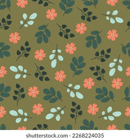 Exquisite floral seamless pattern. Aesthetic surface pattern of scandi wildflowers and branches of leaves. Allover flowery texture. Dainty tileable floral arrangement. Repeat textured background.