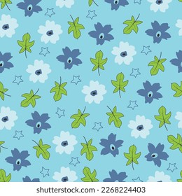 Exquisite floral seamless pattern. Aesthetic surface pattern of bunch of scandi wildflowers, leaves and stars. Allover flowery texture. Dainty tileable floral arrangement. Repeat textured background.