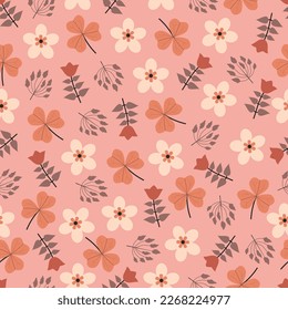 Exquisite floral seamless pattern. Aesthetic surface pattern of bunch of scandi wildflowers and clover leaves. Allover flowery texture. Dainty tileable floral arrangement. Repeat textured background.