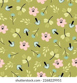 Exquisite floral seamless pattern. Aesthetic surface pattern of bunch of scandi flowers, leaves and mushrooms. Allover flowery texture. Dainty tileable floral arrangement. Repeat texture background.