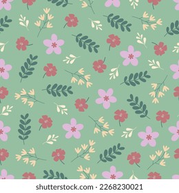 Exquisite floral seamless pattern. Aesthetic surface pattern of scandi wildflowers and branches of leaves. Allover flowery texture. Dainty tileable floral arrangement. Repeat textured background.