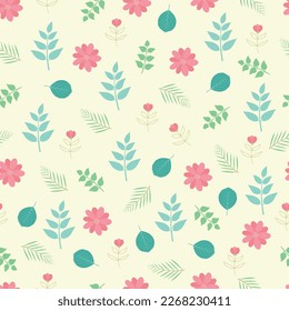 Exquisite floral seamless pattern. Aesthetic surface pattern of bunch of scandi wildflowers, leaves and acorns. Allover flowery texture. Dainty tileable floral arrangement. Repeat textured background.