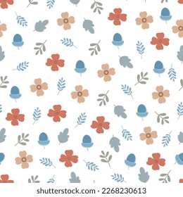 Exquisite floral seamless pattern. Aesthetic surface pattern of bunch of scandi wildflowers, leaves and acorns. Allover flowery texture. Dainty tileable floral arrangement. Repeat textured background.