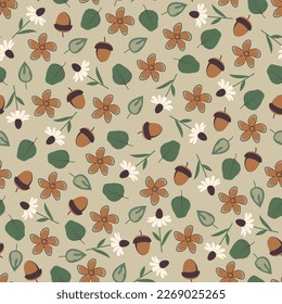 Exquisite floral seamless pattern. Aesthetic surface pattern of bunch of scandi wildflowers, leaves and acorns. Allover flowery texture. Dainty tileable floral arrangement. Repeat textured background.