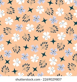 Exquisite floral seamless pattern. Aesthetic surface pattern of bunch of scandi wildflowers and leaves. Allover flowery texture. Dainty tileable floral arrangement. Repeat textured background.