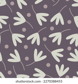 Exquisite floral seamless pattern. Aesthetic surface pattern of bunch of scandi wildflowers and clover leaves. Allover flowery texture. Dainty tileable floral arrangement. Repeat textured background.