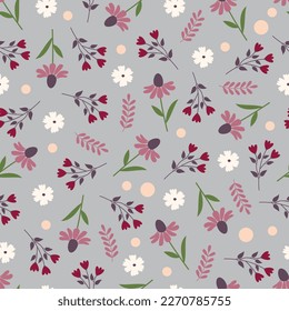 Exquisite floral seamless pattern. Aesthetic surface pattern of bunch of scandi flowers, leaves and polka dots. Allover flowery texture. Dainty tileable floral arrangement. Repeat texture background. svg