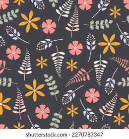 Exquisite floral seamless pattern. Aesthetic surface pattern of scandi wildflowers and branches of leaves. Allover flowery texture. Dainty tileable floral arrangement. Repeat textured background.